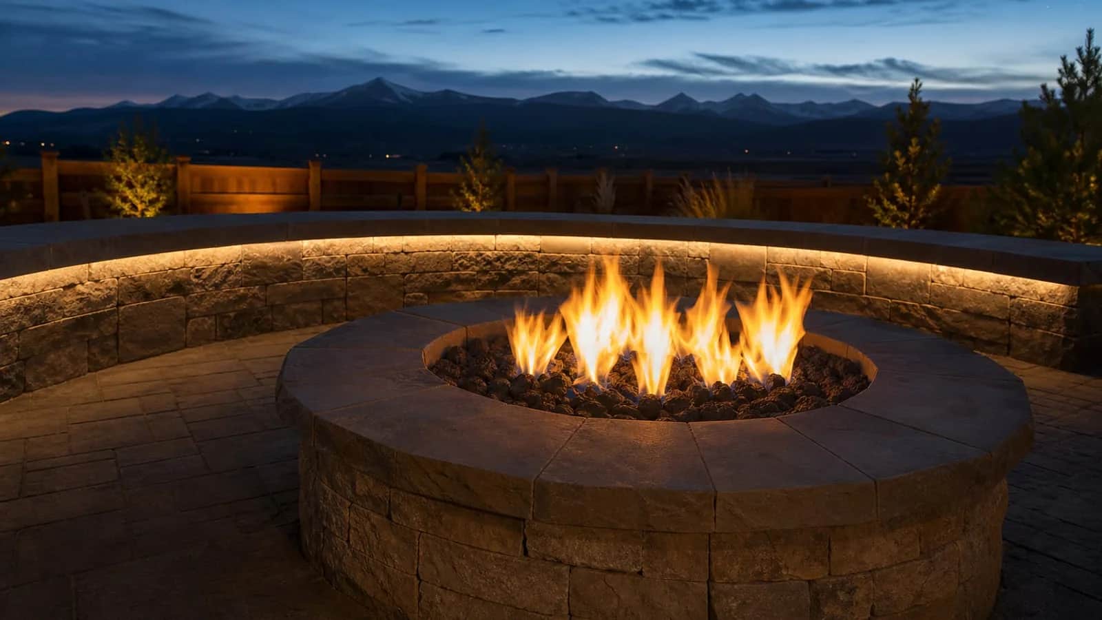 Gas fire pit and paver patio at dusk in Colorado