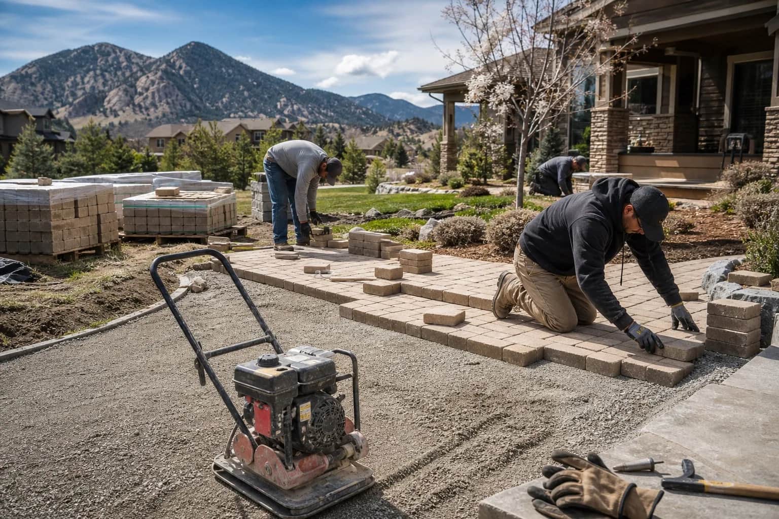 Paver patio installation in progress: gravel base, paver pallets, and tools on a Colorado residential yard in morning light