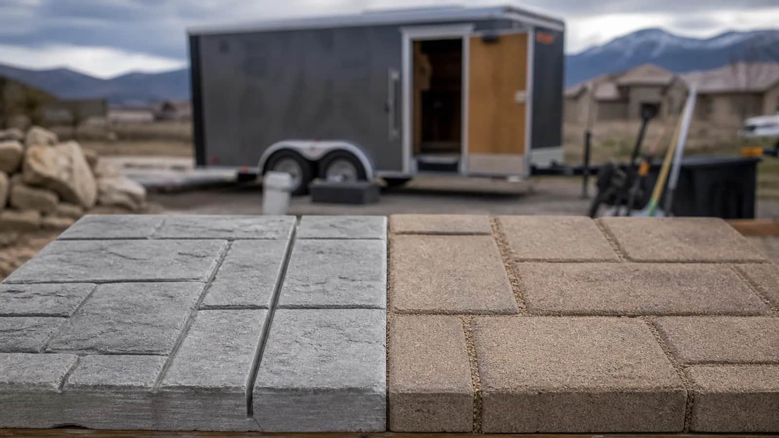 Split comparison of stamped concrete sample and modular pavers