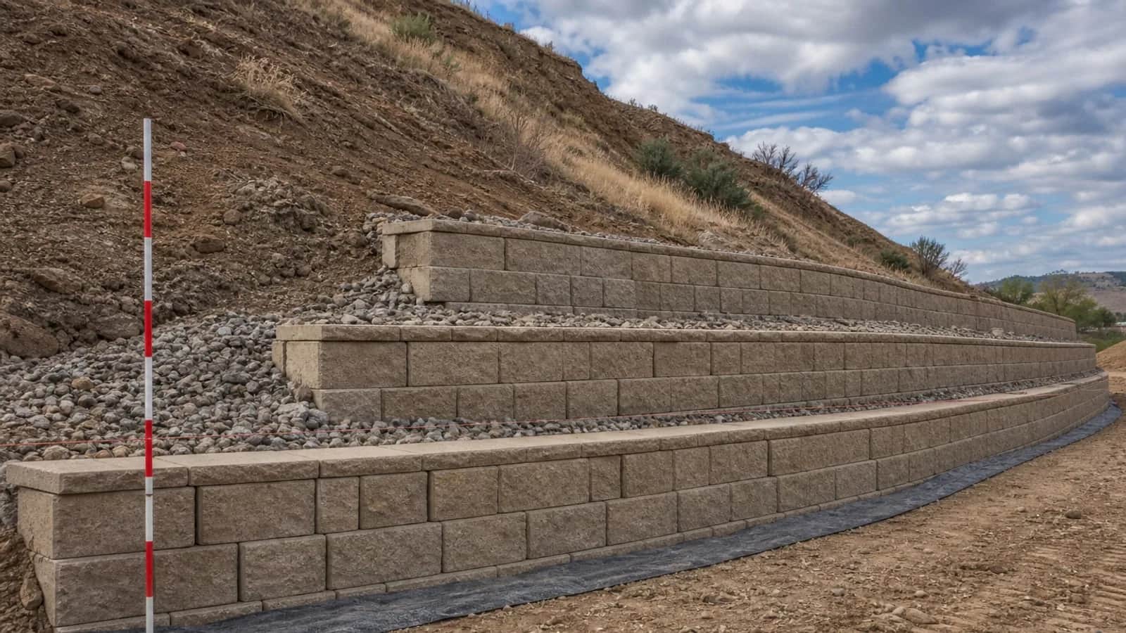 Terraced segmental retaining wall with drainage stone on a Colorado slope