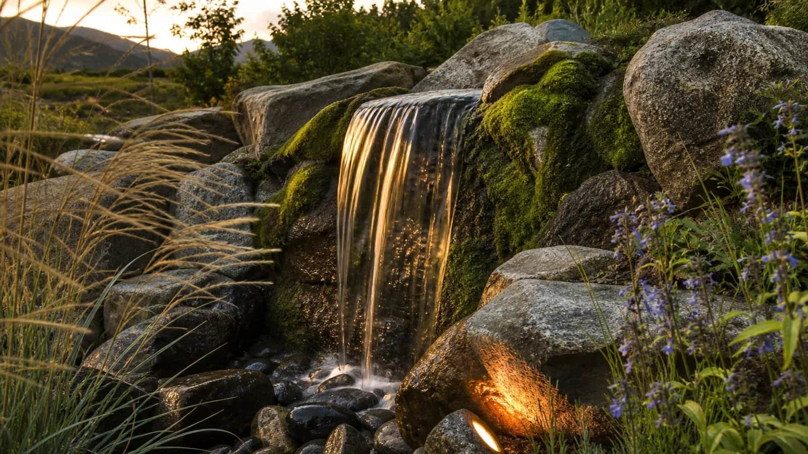 Pondless boulder waterfall in a Colorado xeriscape backyard