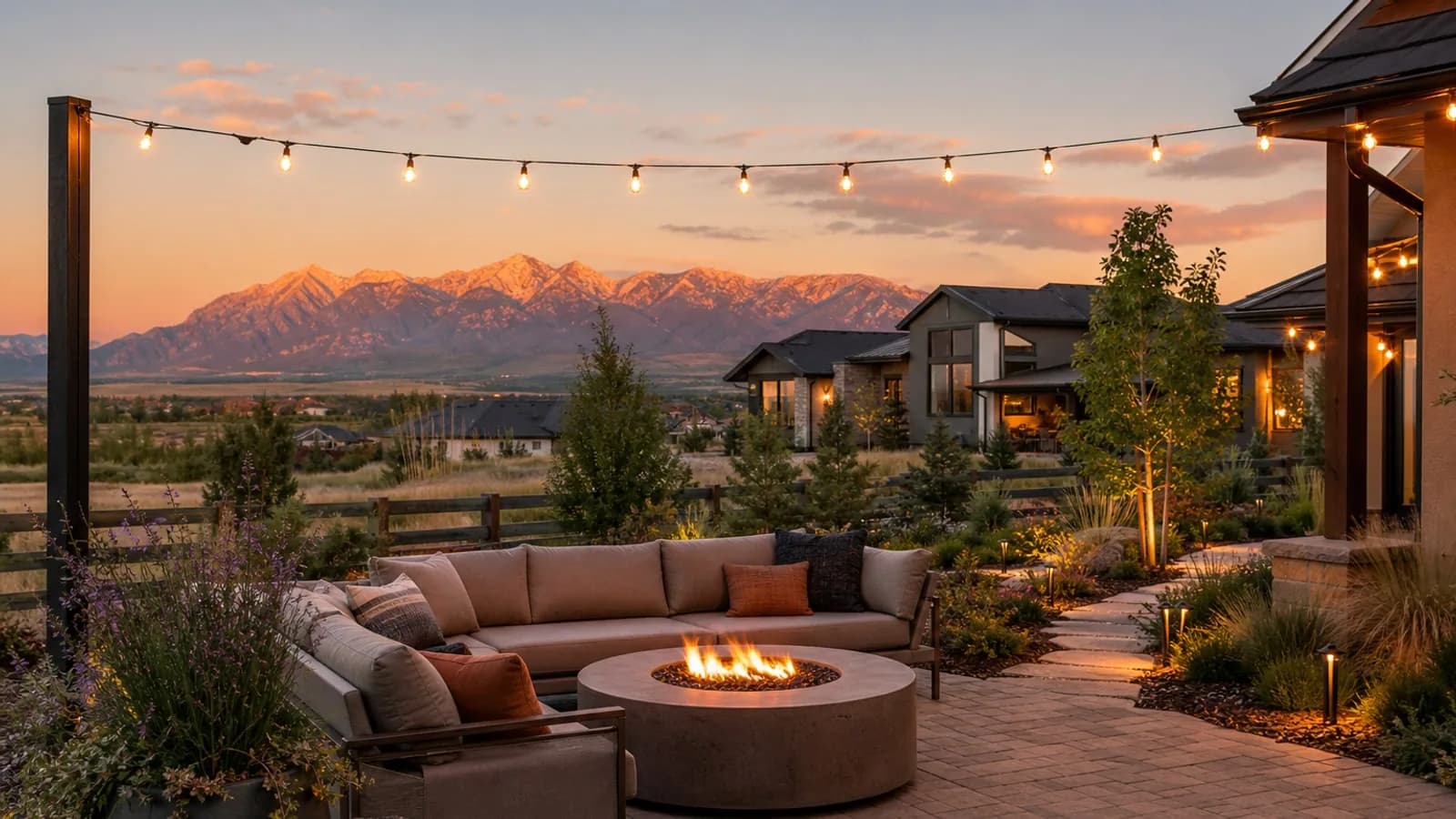 Colorado backyard outdoor living with patio, fire table, and string lights at sunset