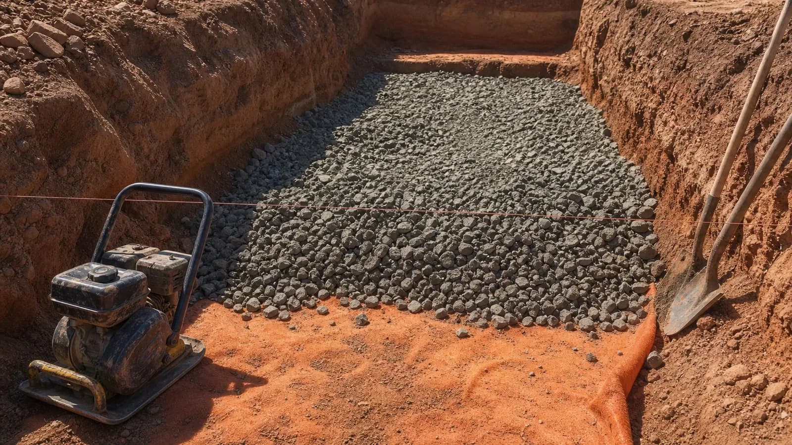 Open excavation showing aggregate base lifts over geotextile in Colorado clay
