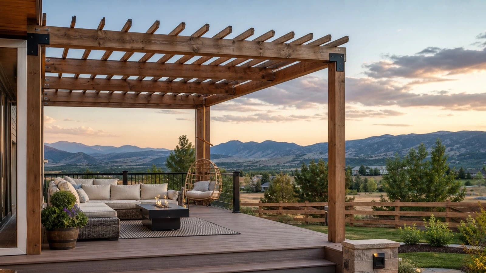 Pergola shade structure over paver patio and seating