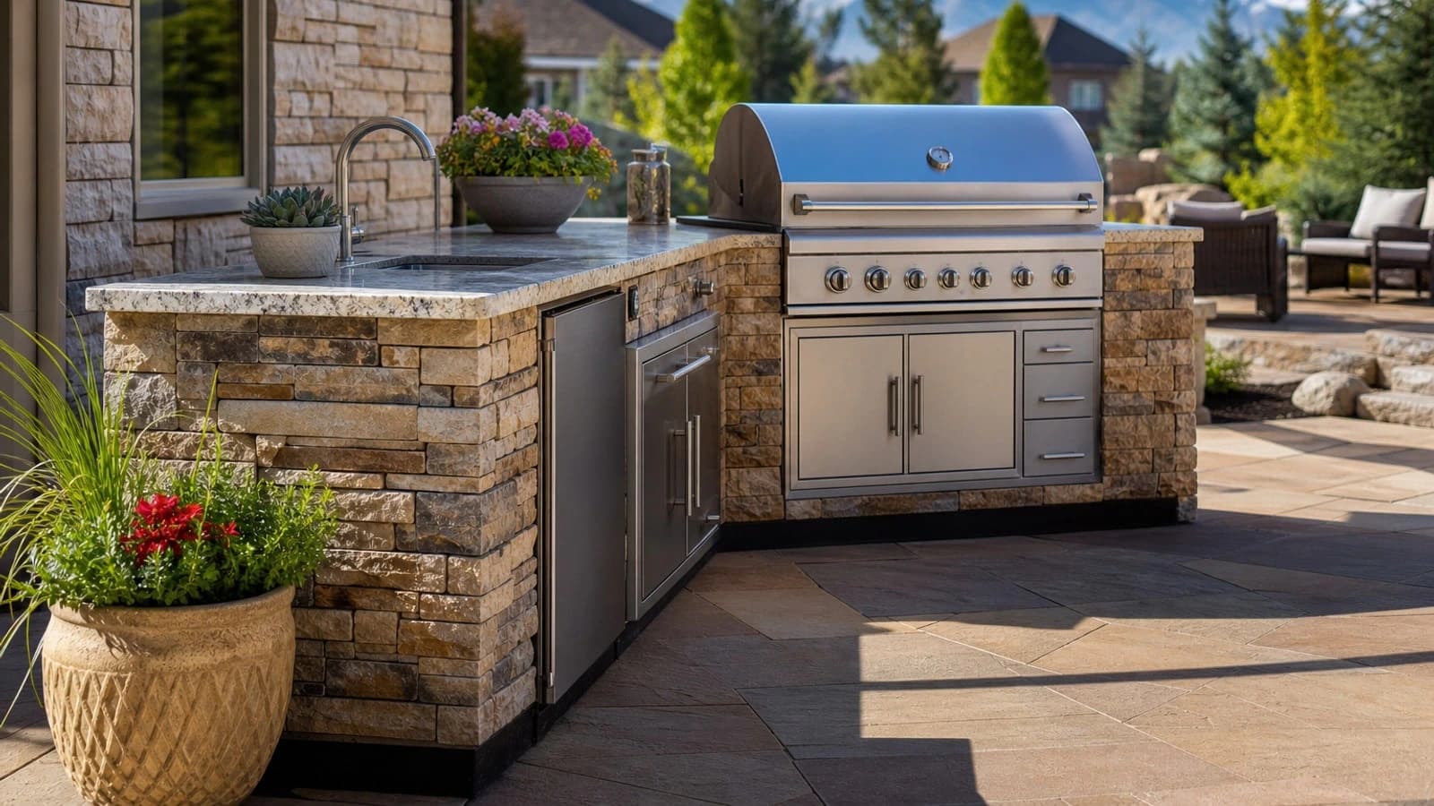 Outdoor kitchen and covered patio living in Colorado