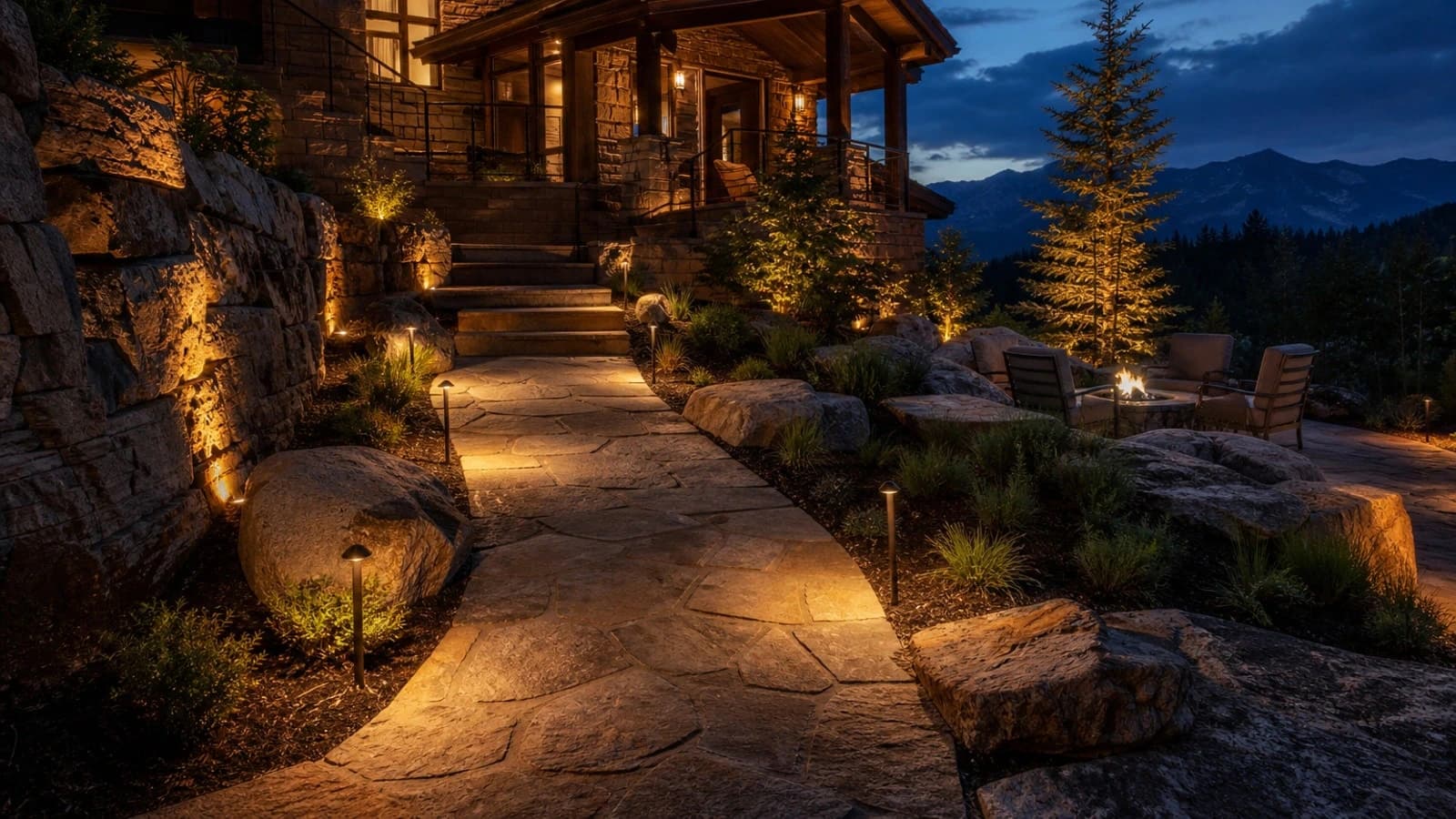 Low-voltage landscape and architectural lighting at dusk