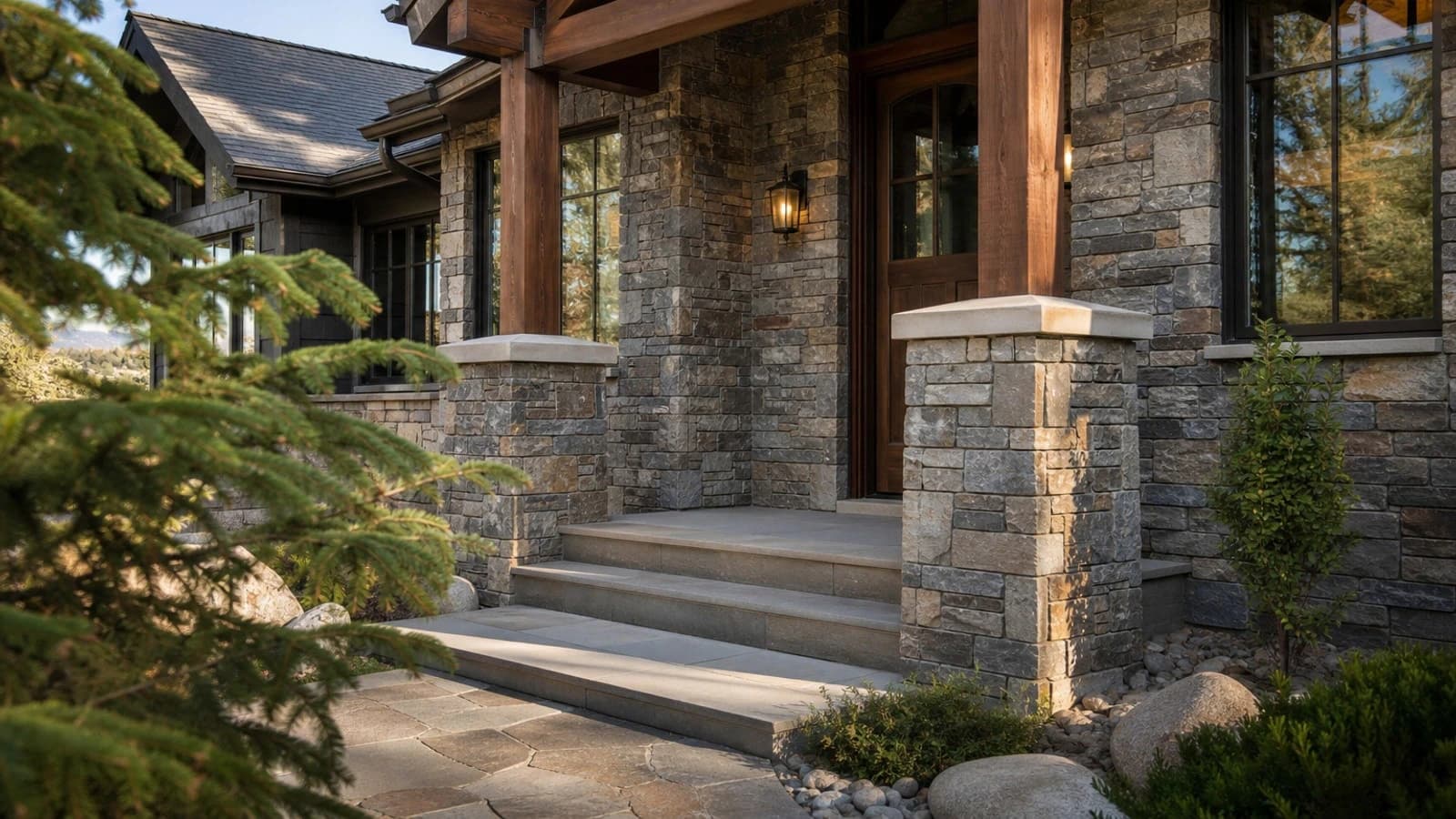 Natural stone veneer on outdoor structure and columns