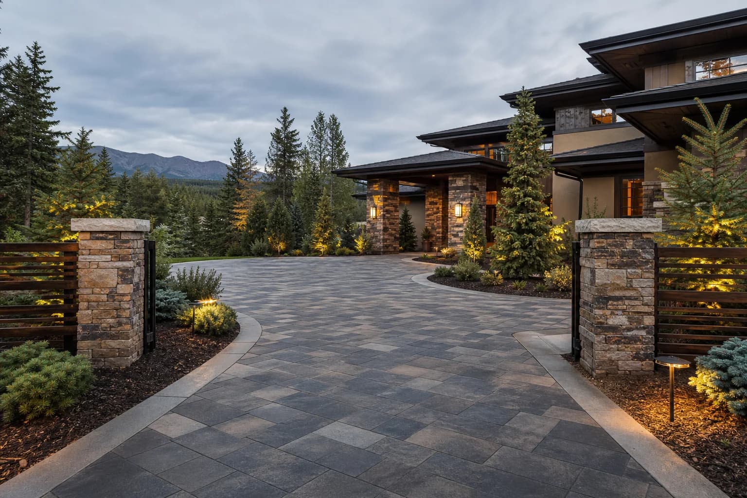 Premium modular paver driveway and motor court with stone pillars and structured evergreen planting