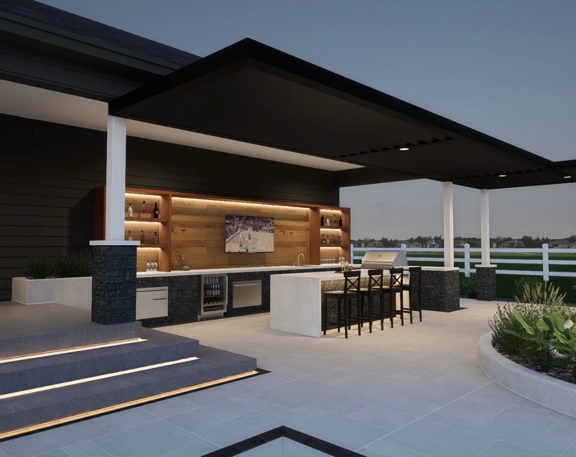 3D design rendering of a covered outdoor bar and kitchen with stone-veneer columns, backlit shelving, a wine fridge, and bar stools under a timber ceiling