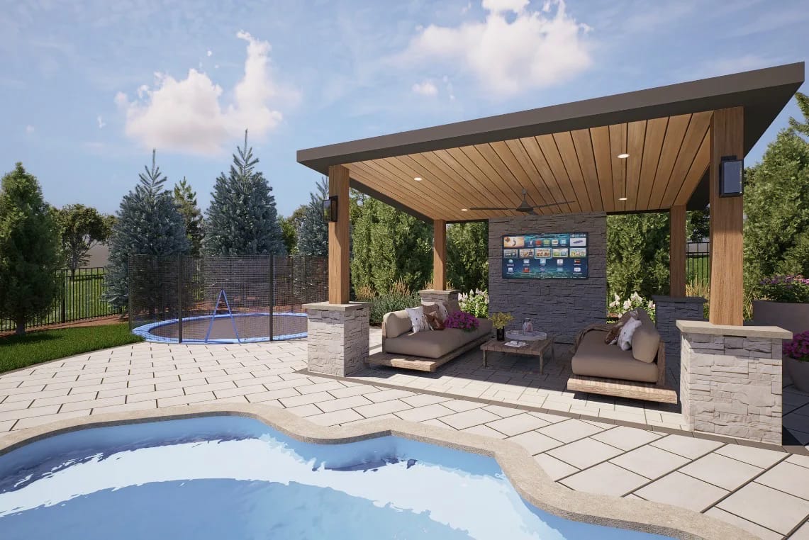 3D design rendering of a timber pavilion with a mounted television and lounge seating beside a freeform pool and paver deck