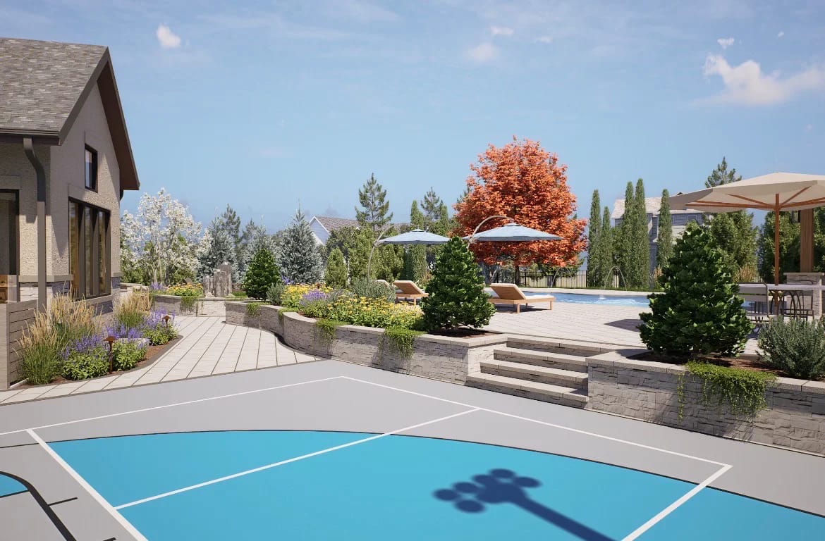 3D design rendering of a sport court, pool, and terraced patios stepping down a sloped Colorado lot
