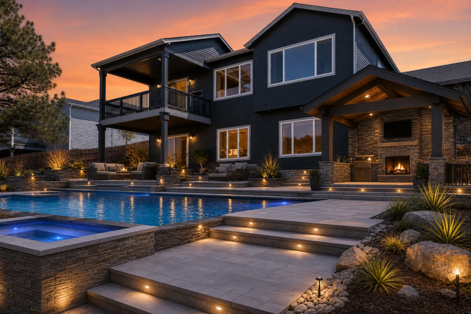 After: Illustrative matched pair: daytime backyard and dusk concept with pool and pavilion