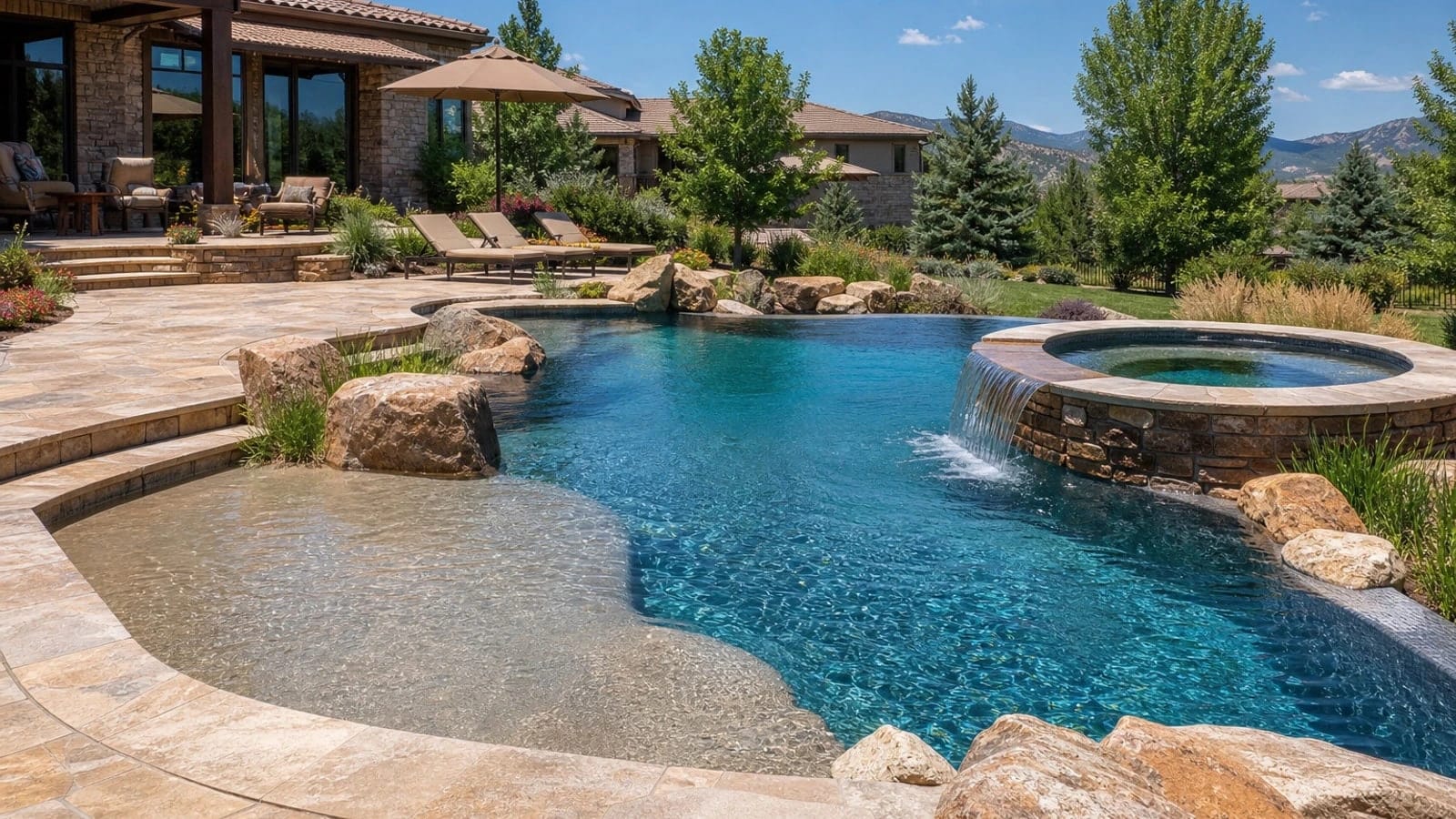 Custom concrete shotcrete pool with outdoor living space in Erie, Colorado
