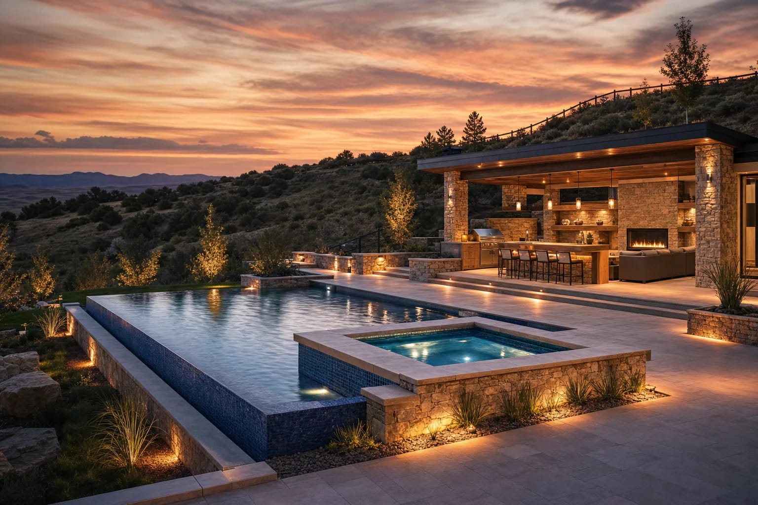 Concept artwork of a lit outdoor pavilion with a bar, fireplace, and lounge seating beside an infinity pool and spa, overlooking Front Range foothills at sunset